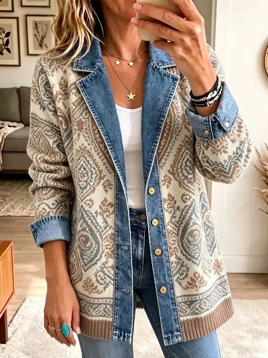 Amelia | Stilvolle Retro-Denim-Patchwork-Jacke im Ethno-Look