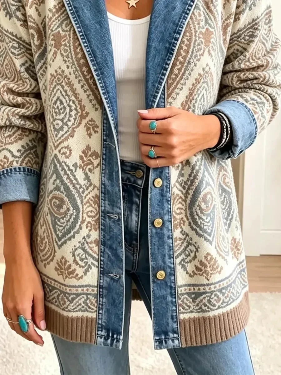 Amelia | Stilvolle Retro-Denim-Patchwork-Jacke im Ethno-Look