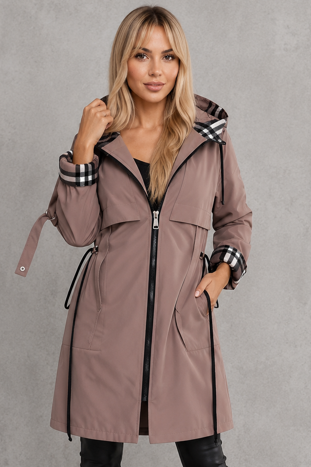 Mabel | Elegante wasserdichte Kapuzenjacke mit Karobesatz