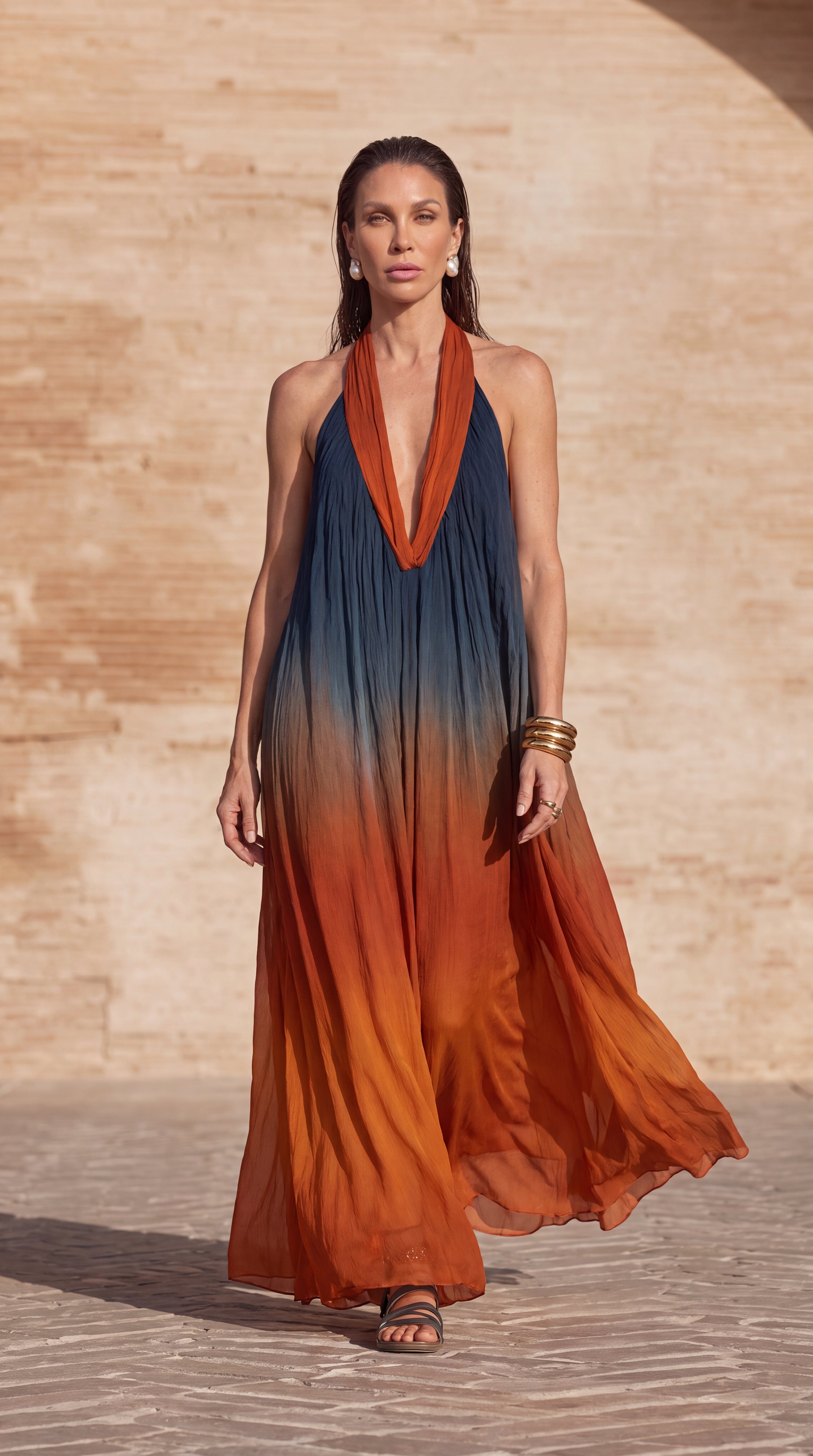 Amara – Plissiertes Neckholderkleid mit Farbverlauf