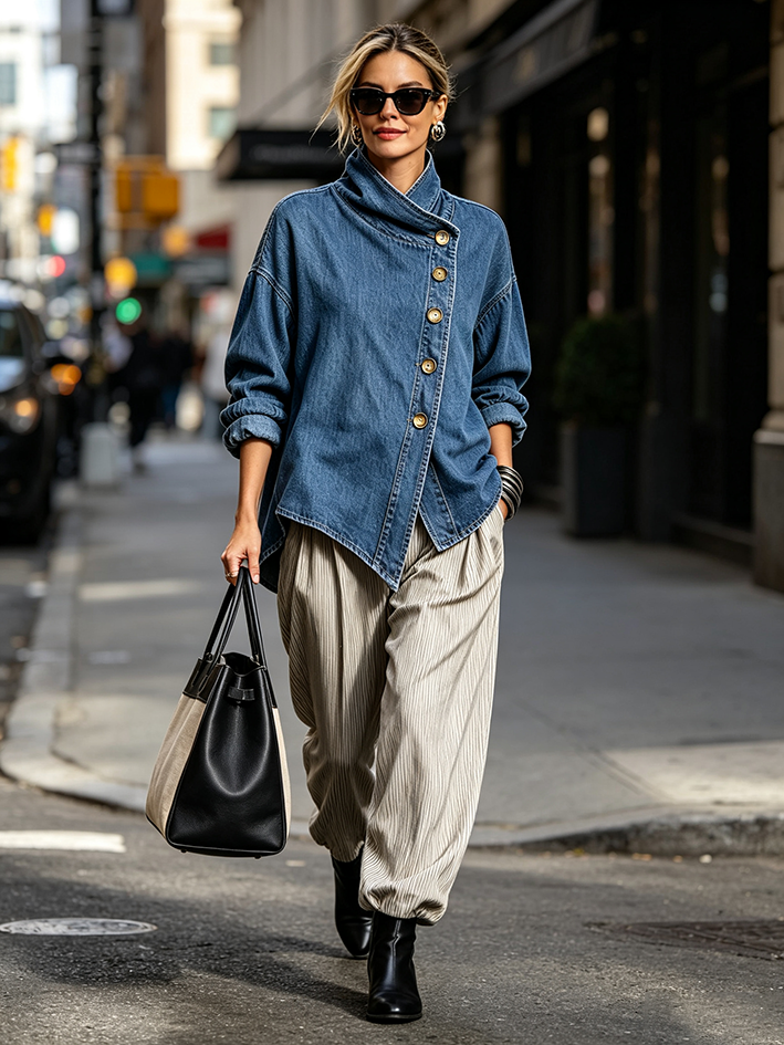 Isotta | Oversize-Denimhemd mit diagonaler Knopfleiste, Blau