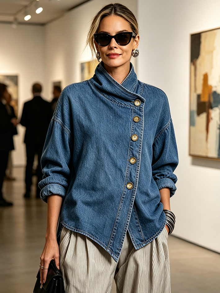 Isotta | Oversize-Denimhemd mit diagonaler Knopfleiste, Blau