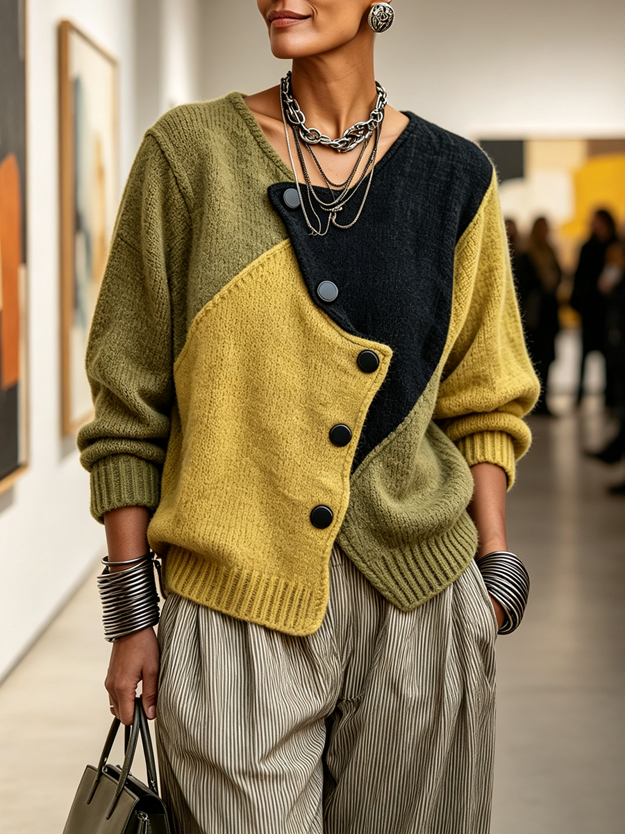 Ottavia | Oversize Colorblock-Strickcardigan, Olivgrün und Senfgelb
