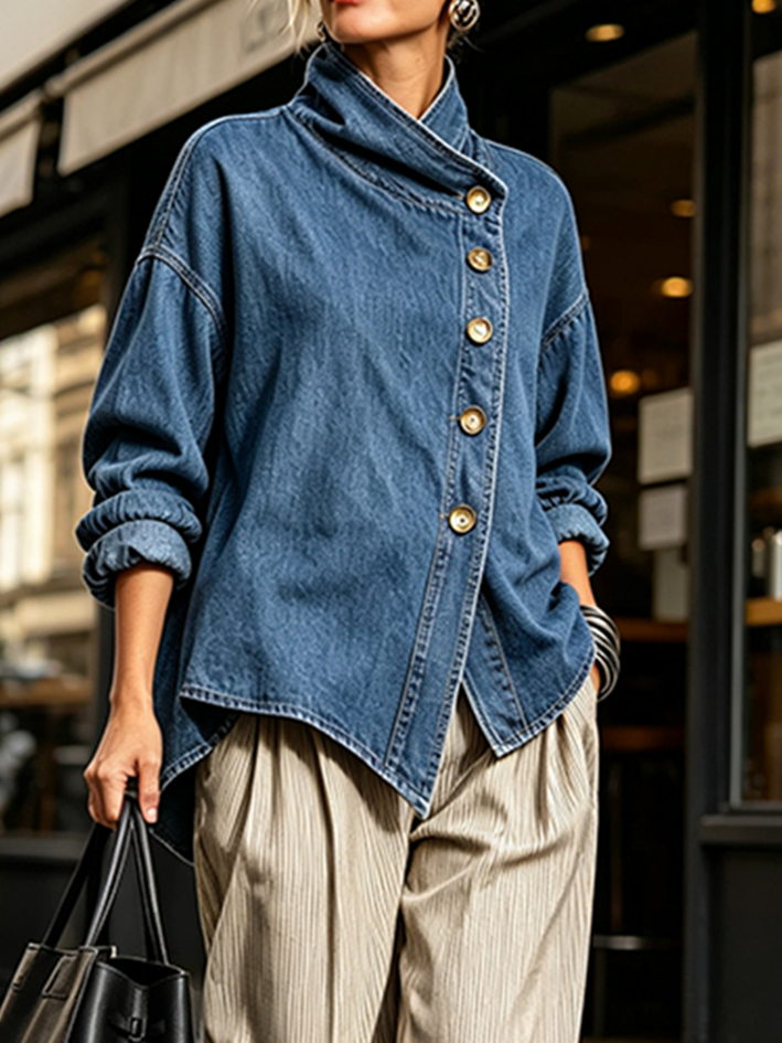 Isotta | Oversize-Denimhemd mit diagonaler Knopfleiste, Blau