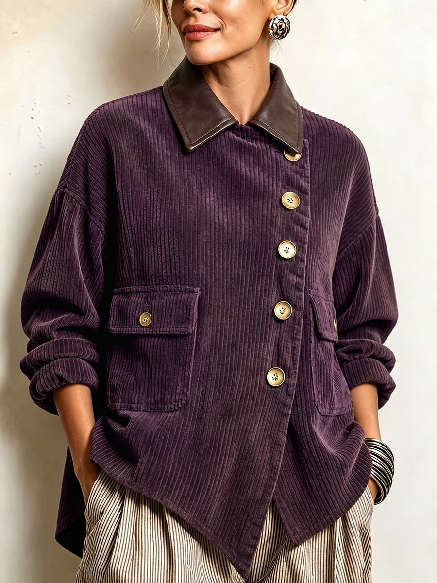 Clarice | Cord-Hemdjacke mit diagonaler Knopfleiste, Pflaume