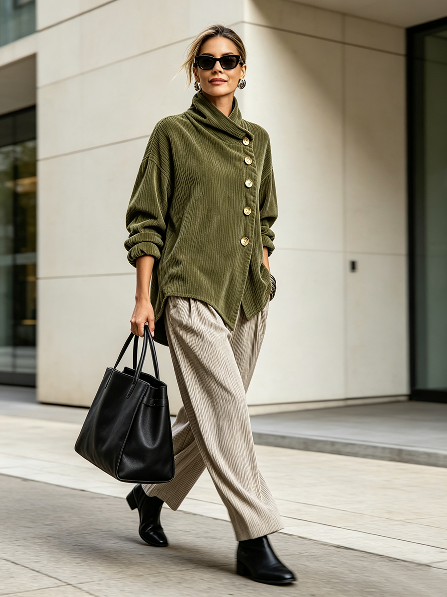 Lucilla | Cord-Top mit diagonaler Knopfleiste, Olivgrün