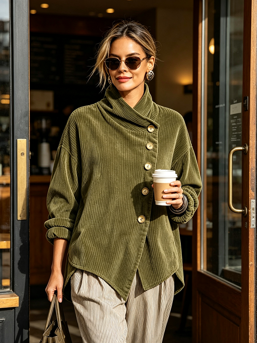 Lucilla | Cord-Top mit diagonaler Knopfleiste, Olivgrün