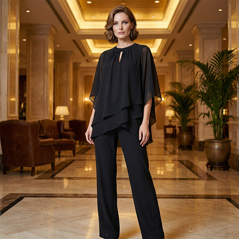 Jeannine | Set mit asymmetrischer Lagenbluse und weiter Hose