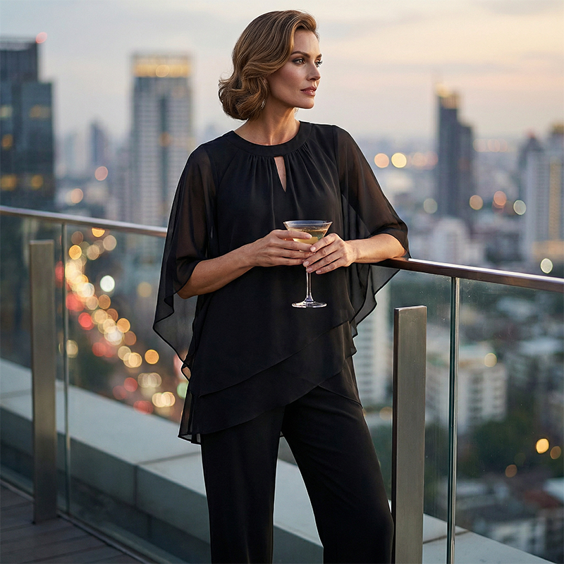 Jeannine | Set mit asymmetrischer Lagenbluse und weiter Hose