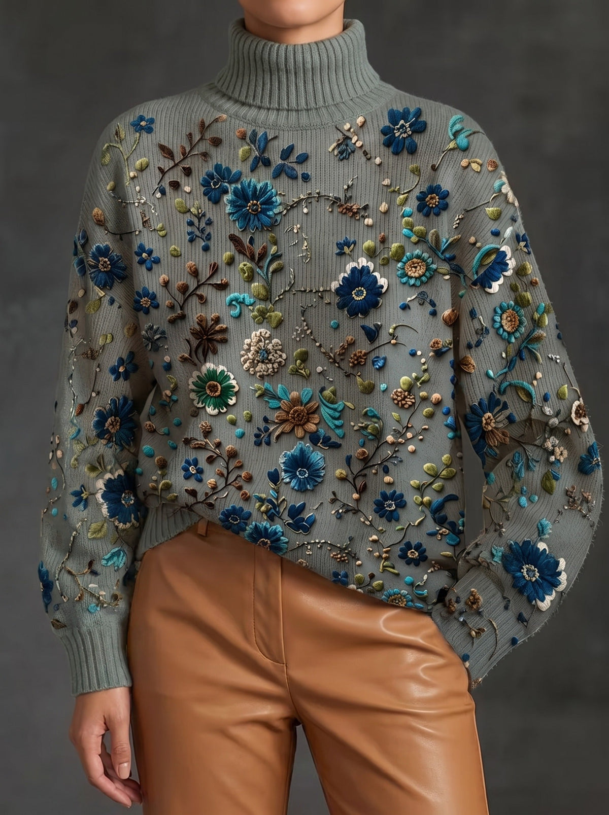 Thalassa™ | Salbeigrüner Blüten-Rollkragenpullover