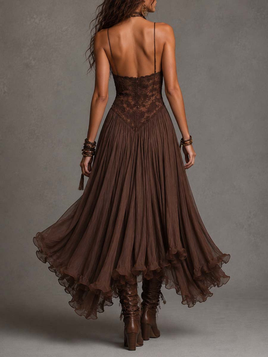 Amelie – Dunkelbraunes Chiffon-Maxikleid