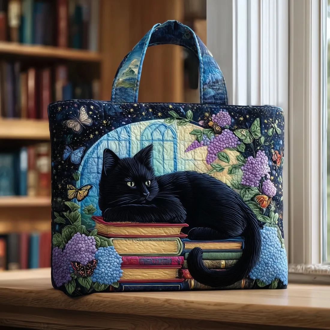 Handgefertigte Tasche Chat Noir auf Bücher