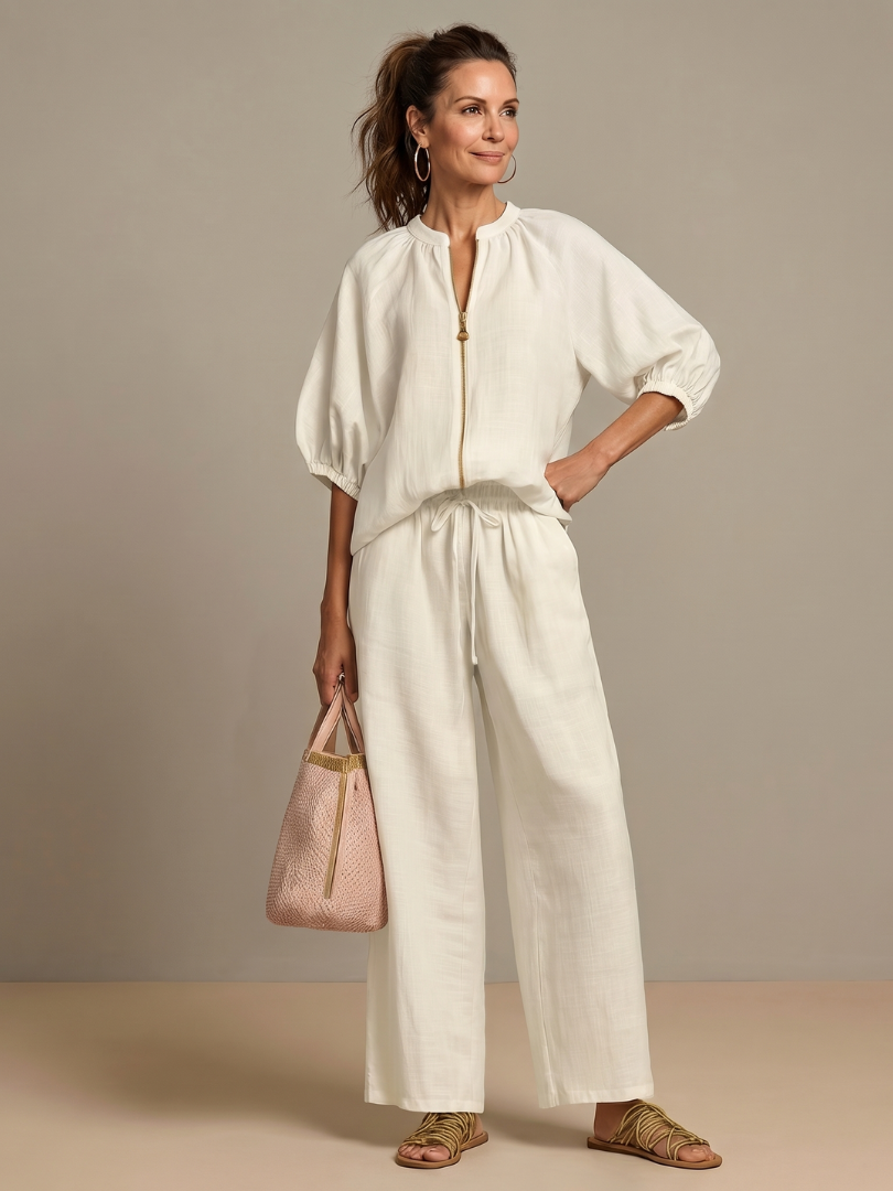 Natalia | Blouson-Top mit Reissverschluss und Hose mit weitem Bein