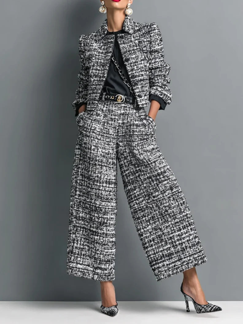 Damen-Set aus Tweed-Mischgewebe: Einreihige, kurze Jacke und Hose mit weitem Bein