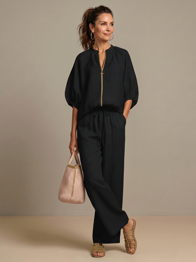 Natalia | Blouson-Top mit Reissverschluss und Hose mit weitem Bein