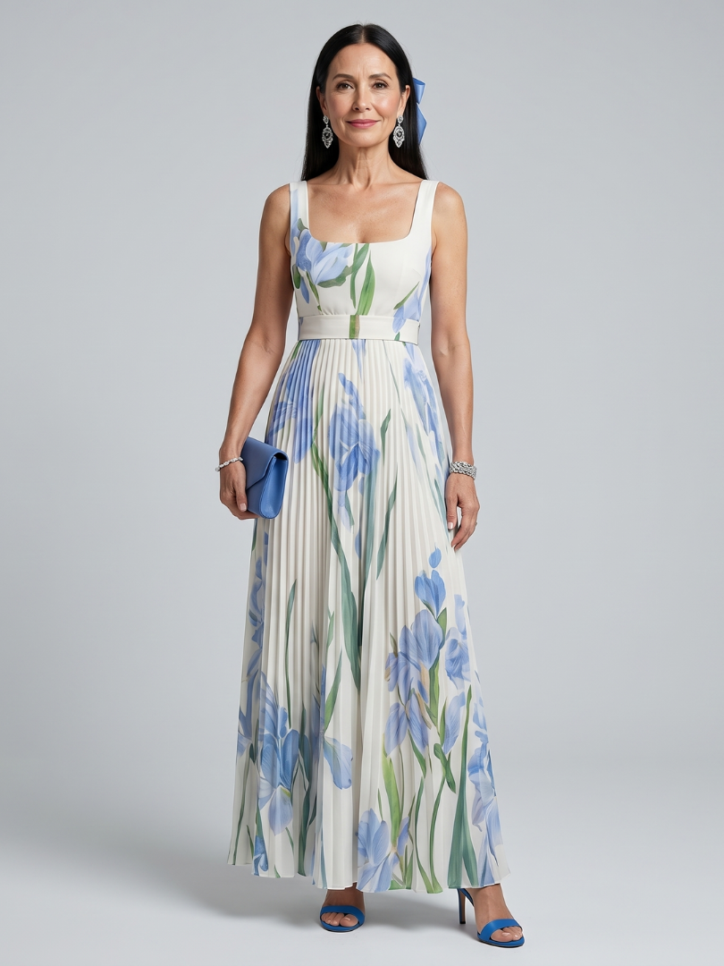 Ophelia | Ärmelloses Midikleid mit Blumenmuster und eckigem Ausschnitt