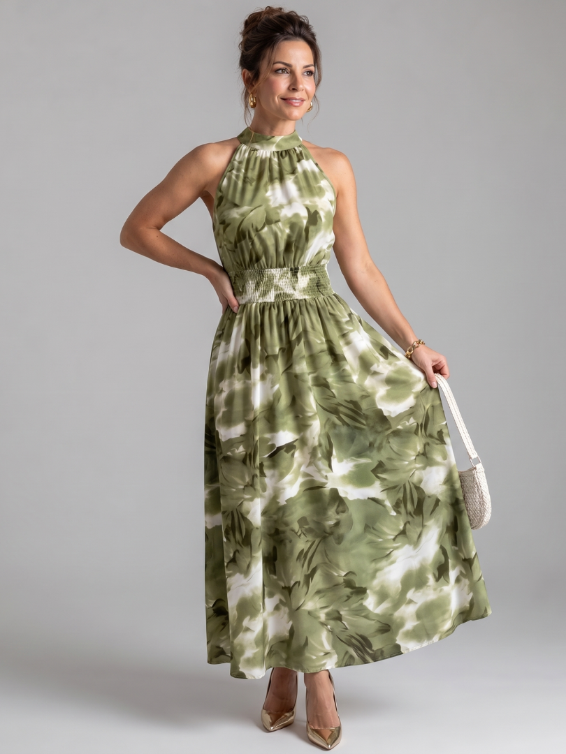 Olivia | Midikleid mit abstraktem Print und Rüschenband an der Taille