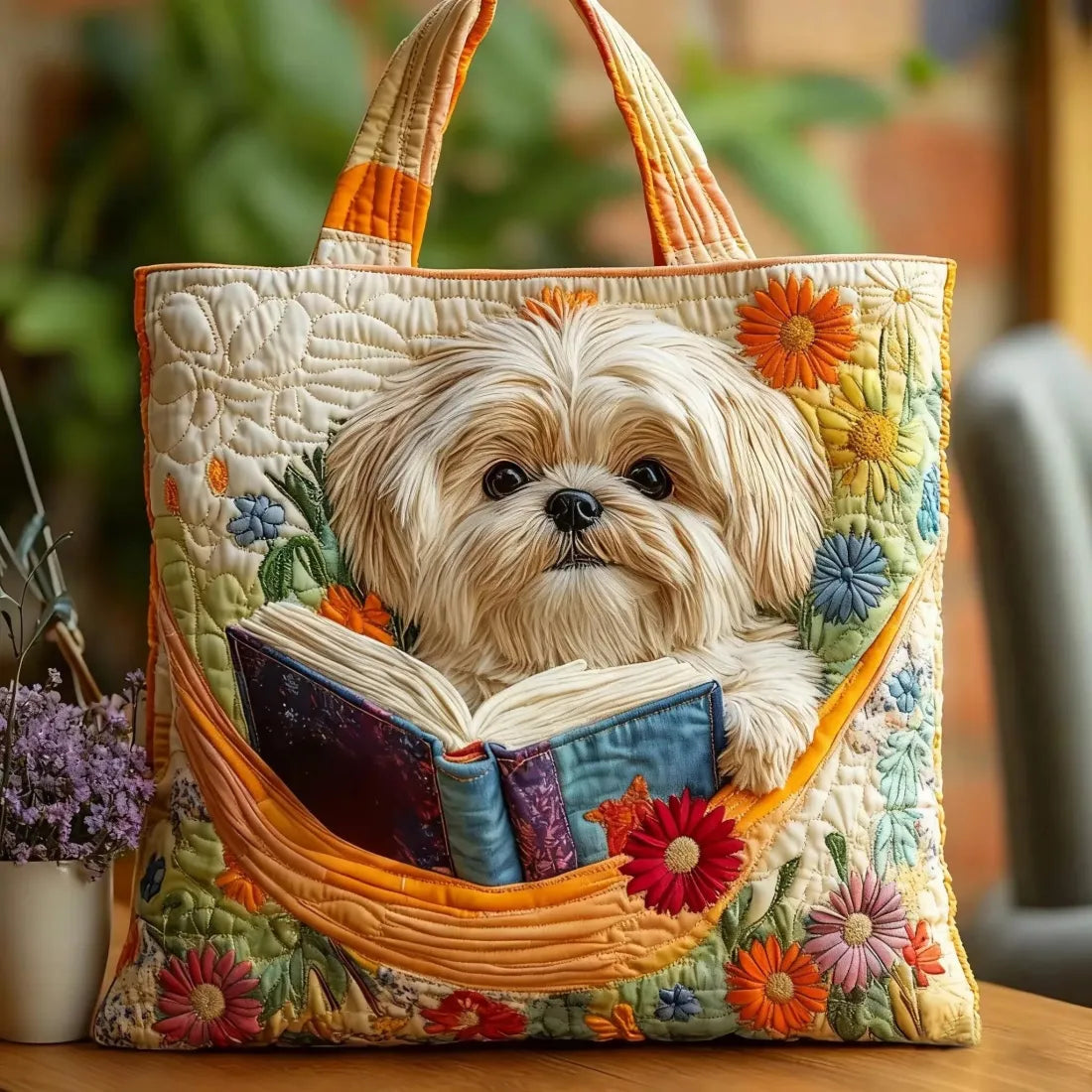 Handgefertigte Shih Tzu Tasche mit Buch und Blumen