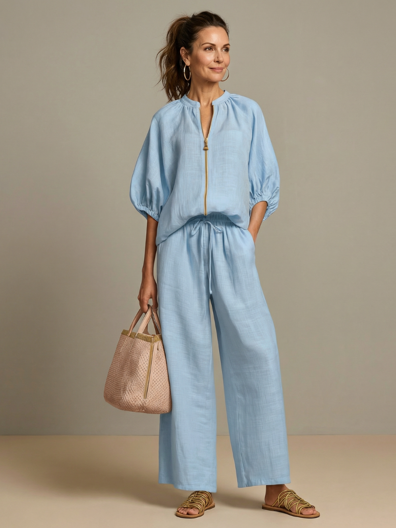 Natalia | Blouson-Top mit Reissverschluss und Hose mit weitem Bein
