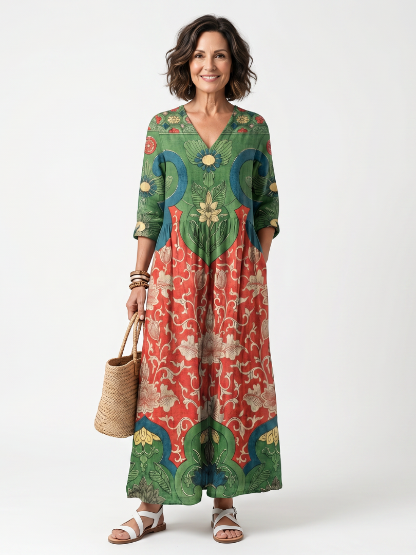 Sloane | Midi-Kleid mit V-Ausschnitt, Taschen und gemischtem Print