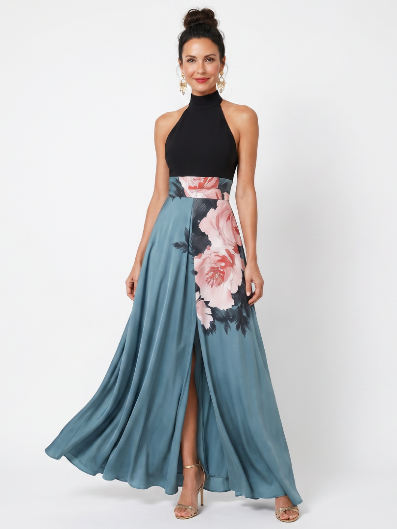 Olympas | Maxikleid mit trägerlosem Oberteil und geblümtem Rock