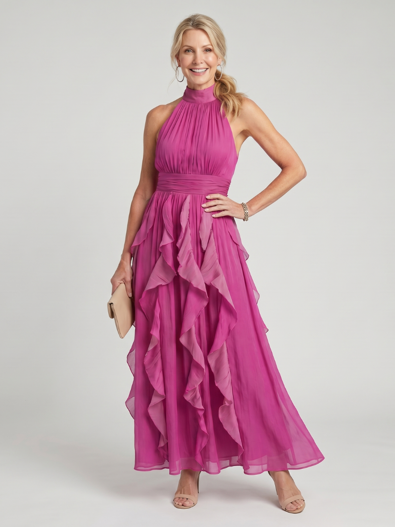 Orea | Maxikleid mit Rüschen und hohem Ausschnitt