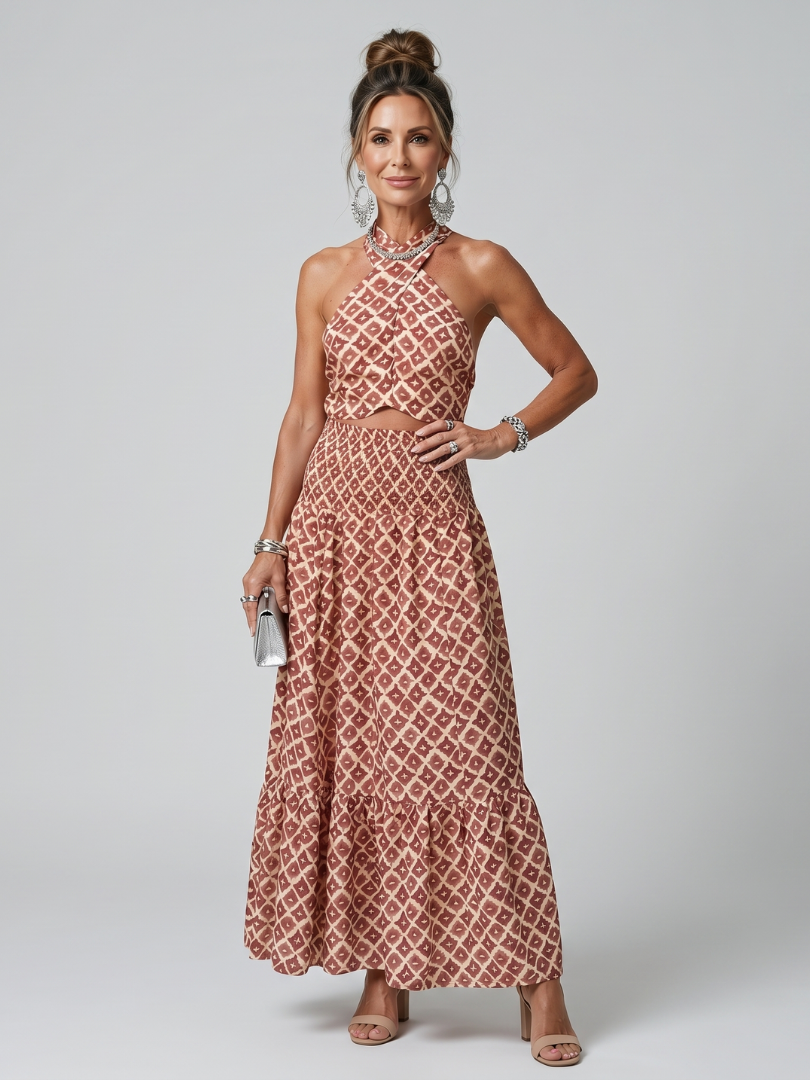 Amira | Midikleid mit geometrischem Print und gekreuzten Trägern
