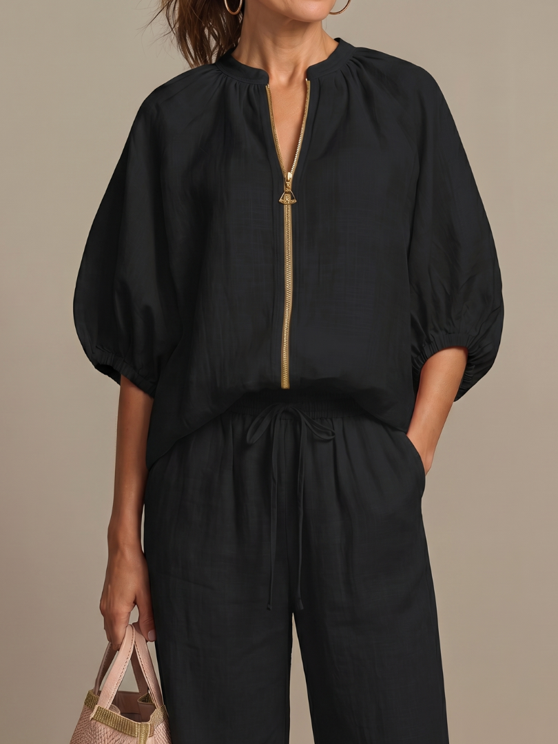 Natalia | Blouson-Top mit Reissverschluss und Hose mit weitem Bein