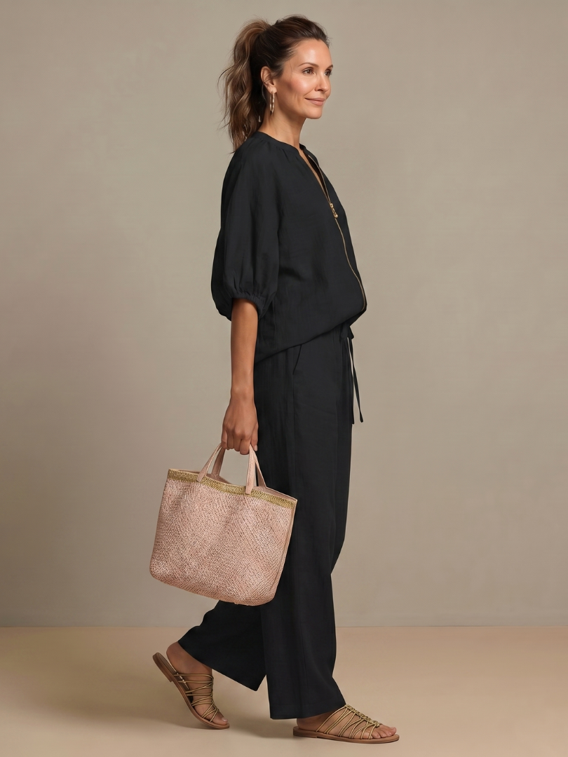 Natalia | Blouson-Top mit Reissverschluss und Hose mit weitem Bein