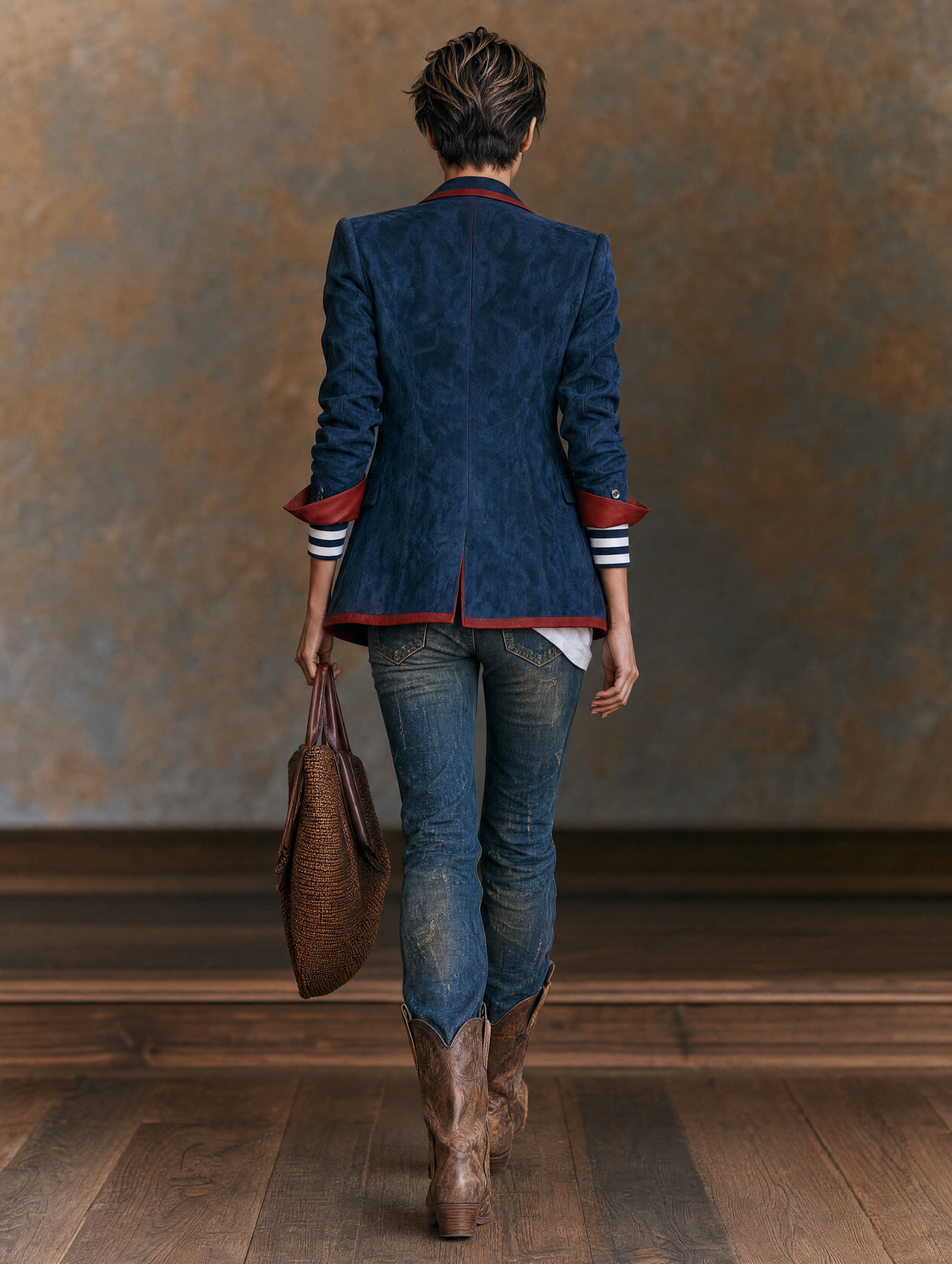 Ginevra | Vintage-Blazer aus Velourslederimitat mit Kontrastbesatz