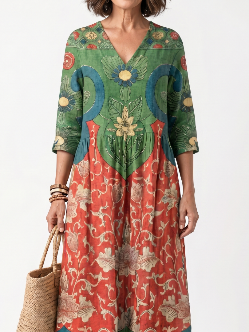 Sloane | Midi-Kleid mit V-Ausschnitt, Taschen und gemischtem Print