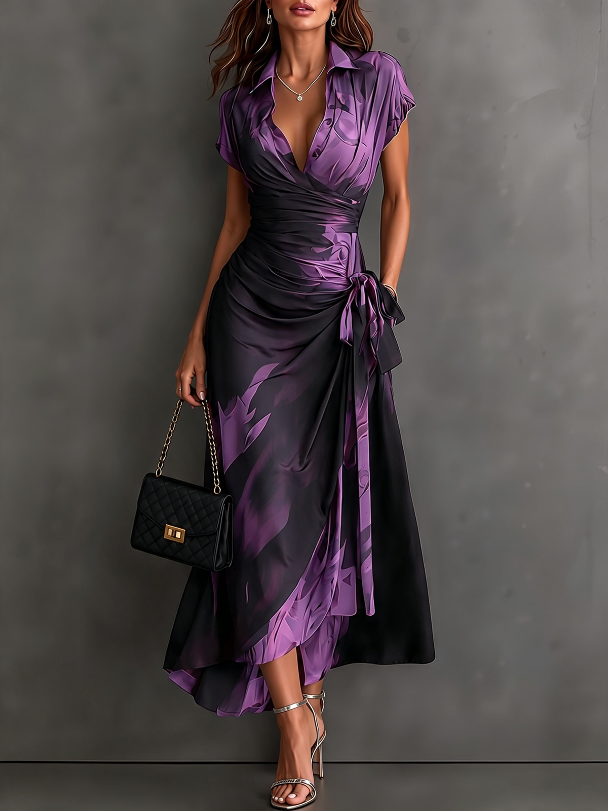 Midi-Wickelkleid mit abstraktem rot-schwarzem Print, V-Ausschnitt, kurzen Ärmeln, Bindegürtel und asymmetrischem Volantsaum