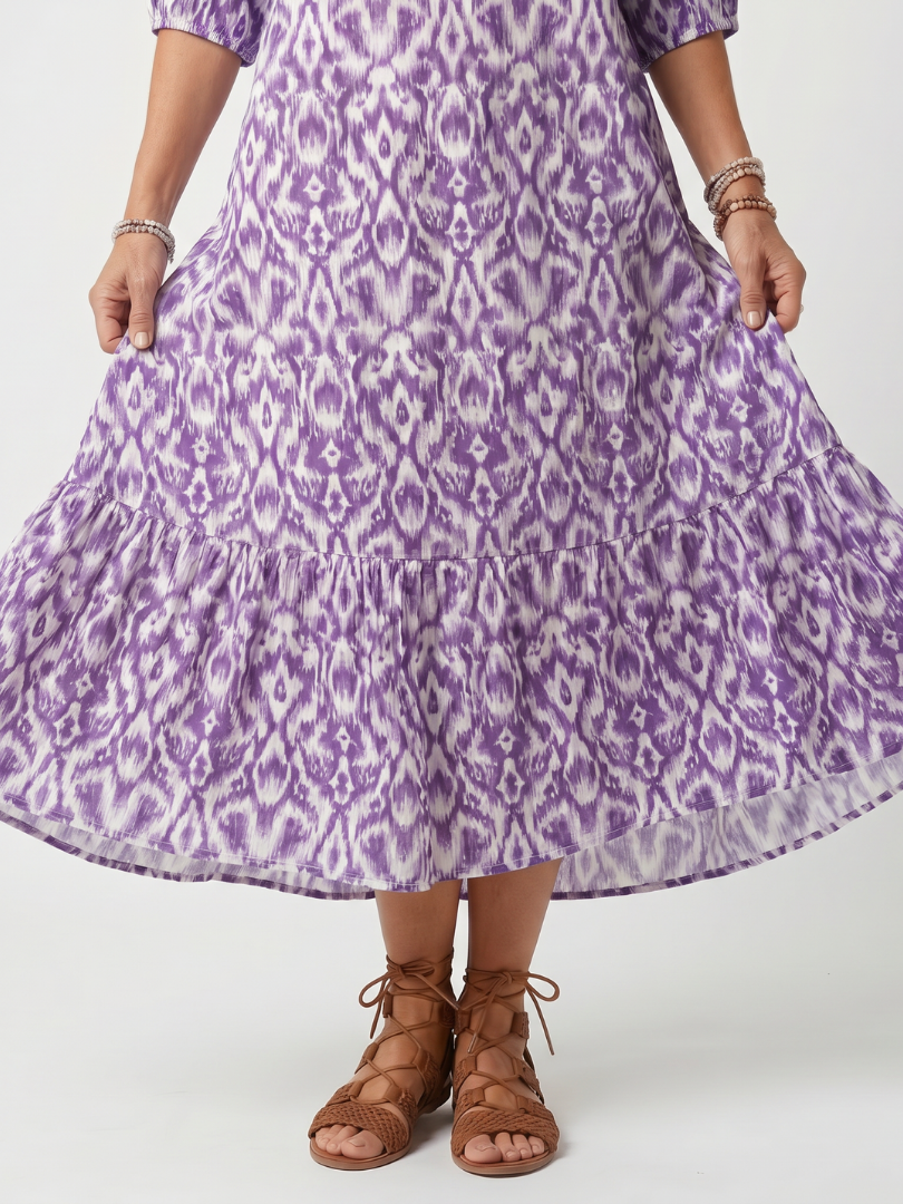 Penelope | Midi-Kleid mit bedrucktem Kragen und Quasten