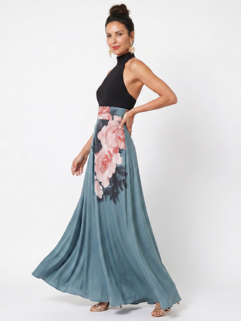 Olympas | Maxikleid mit trägerlosem Oberteil und geblümtem Rock