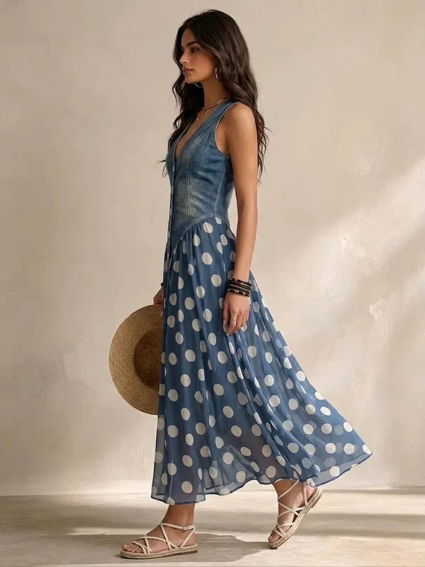Brenda | Elegantes Denim-Kleid mit Chiffonrock mit Polka-Dot-Muster