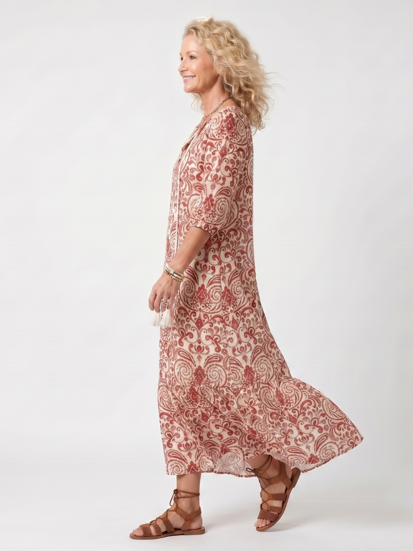 Noelle | Midi-Kleid mit Quastenverschluss und aufwendigem Print