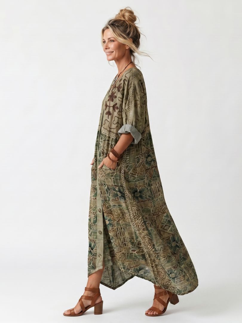 Aleta | Midi-Kleid mit Knopfleiste, Stickerei und übergroßer Tasche