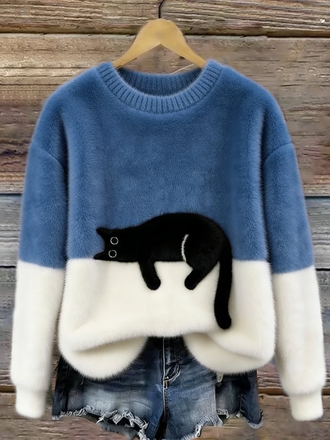 Émeline | Eleganter Oversize-Pullover mit Katzenprint