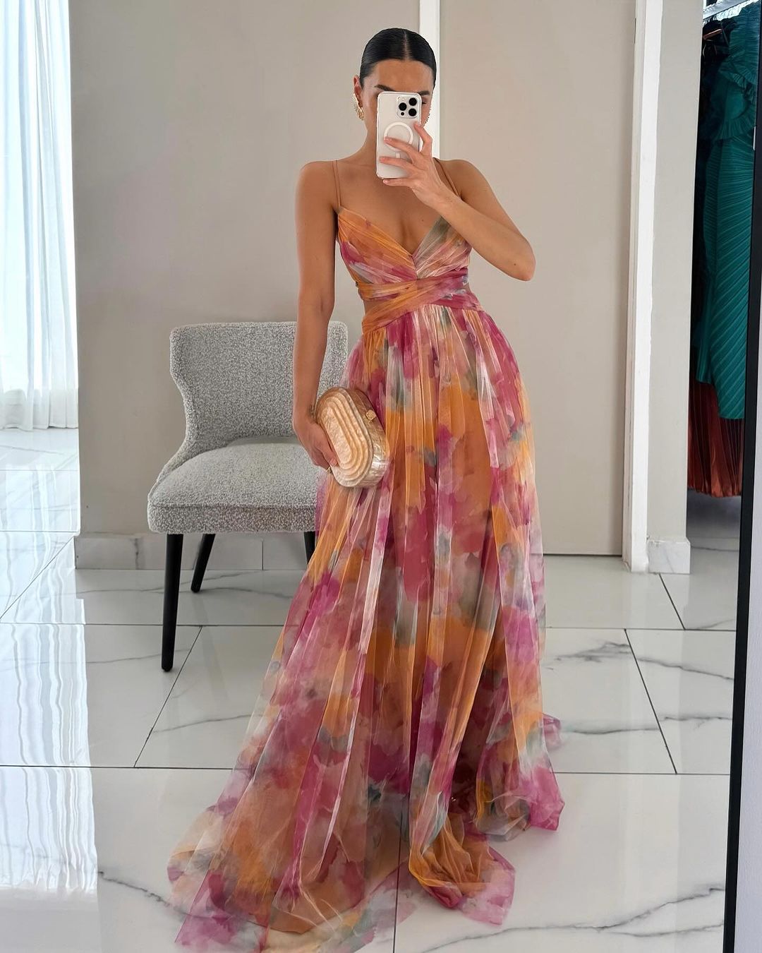 Bryony | Maxikleid aus Chiffon mit Aquarellmuster