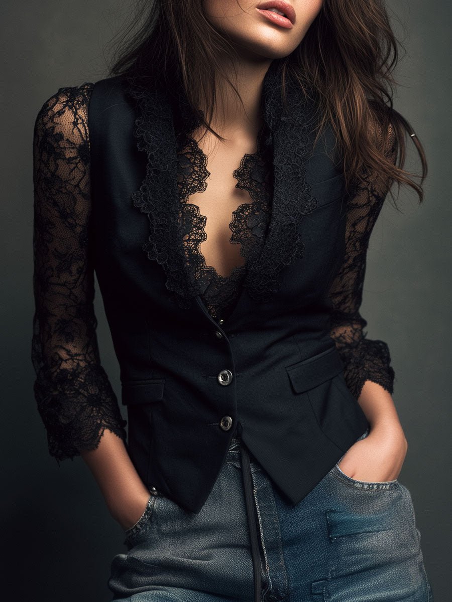 Noémie | Schwarzes Blazer-Oberteil mit halbtransparenten Ärmeln