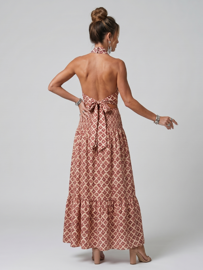 Amira | Midikleid mit geometrischem Print und gekreuzten Trägern
