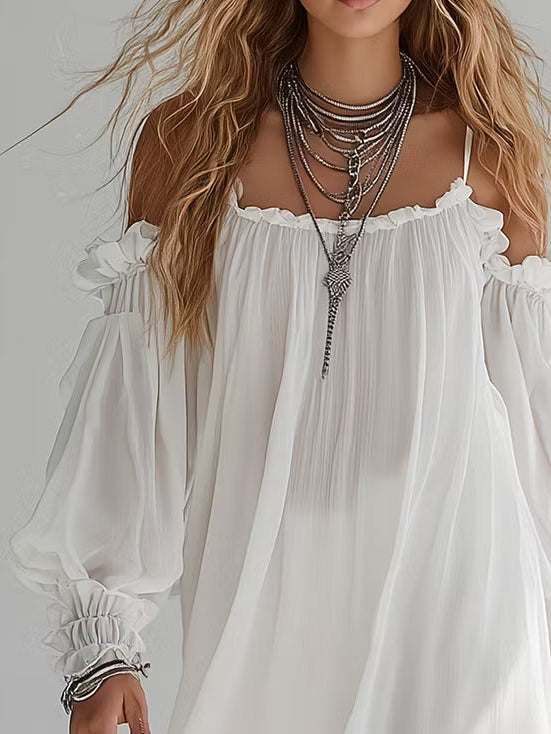 Elara – Fließendes schulterfreies Minikleid