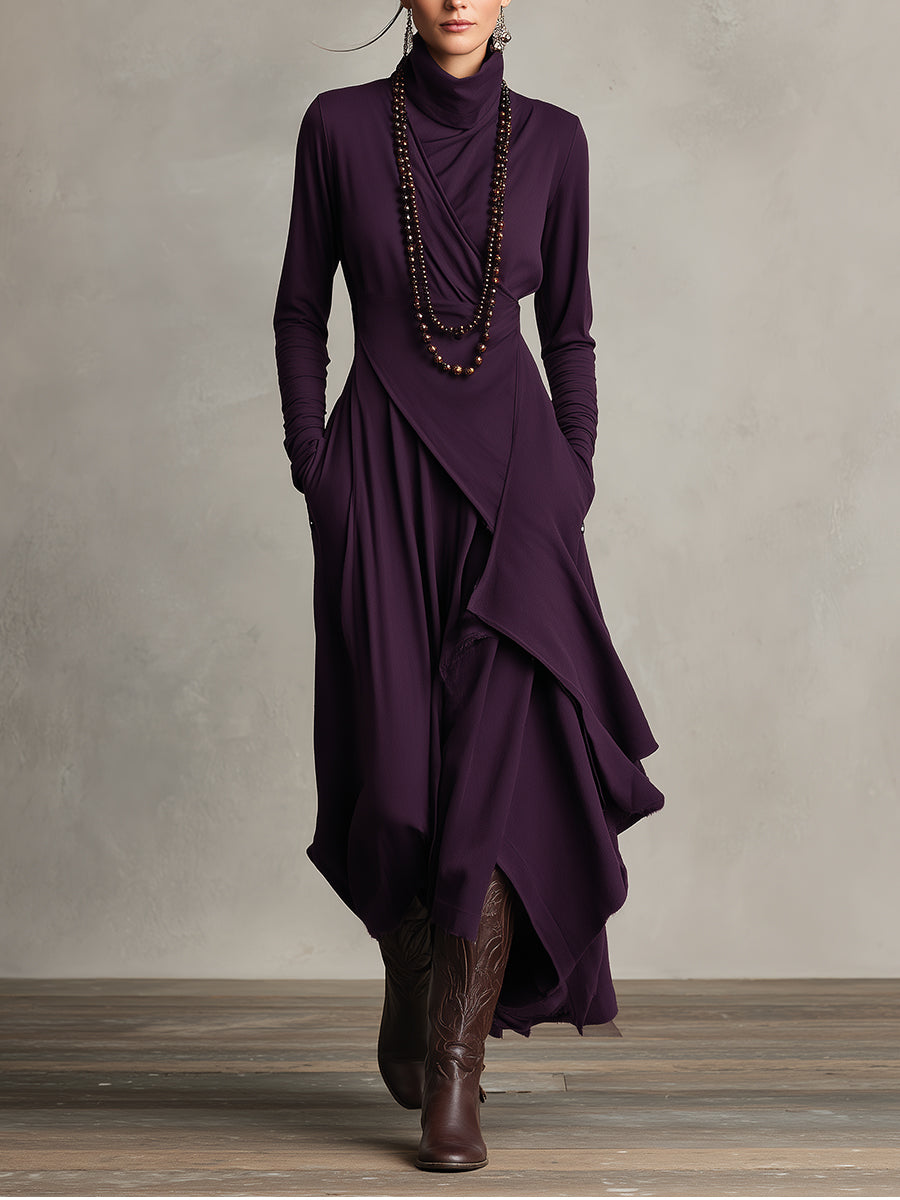 Bohemian Cotton Stretch Turtleneck Asymmetrisch Drapiertes Maxikleid