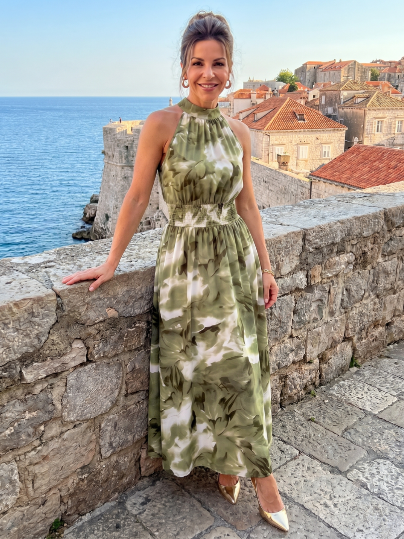 Olivia | Midikleid mit abstraktem Print und Rüschenband an der Taille