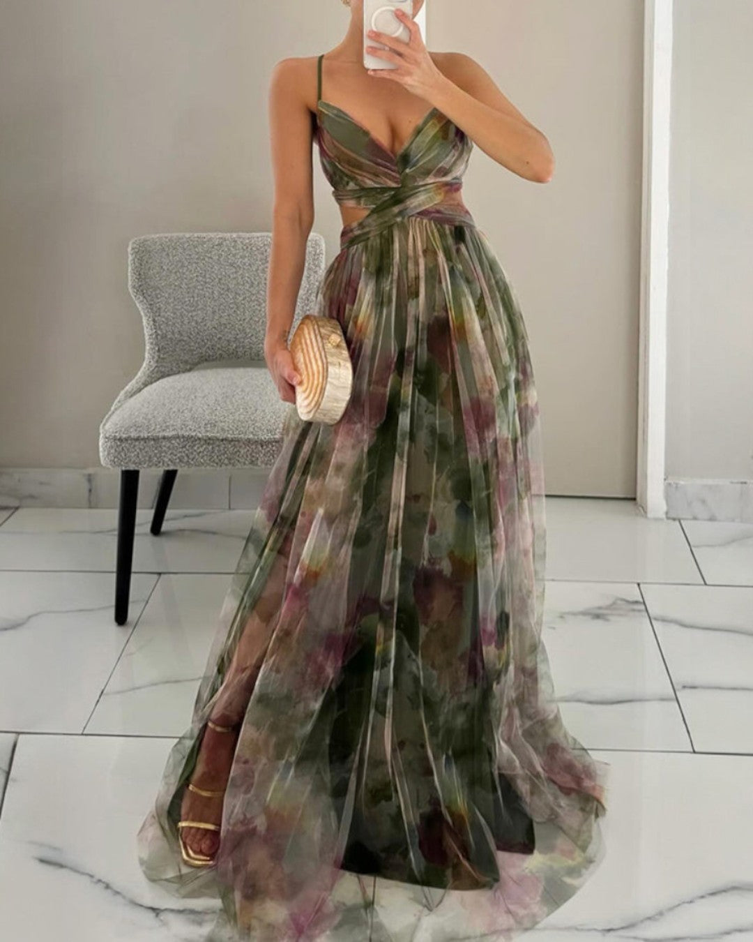 Bryony | Maxikleid aus Chiffon mit Aquarellmuster