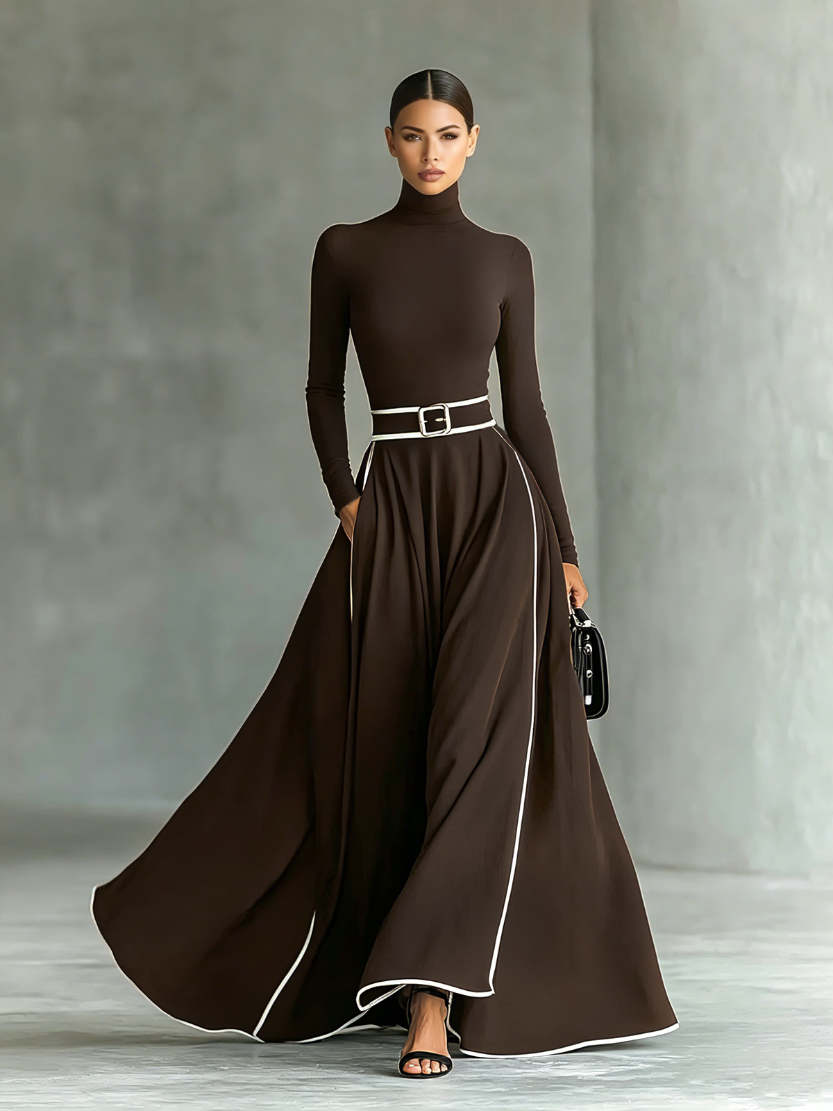 Schwarzes Damen-Maxikleid mit weißen Nähten, Stehkragen, langen Ärmeln und taillierter Passform