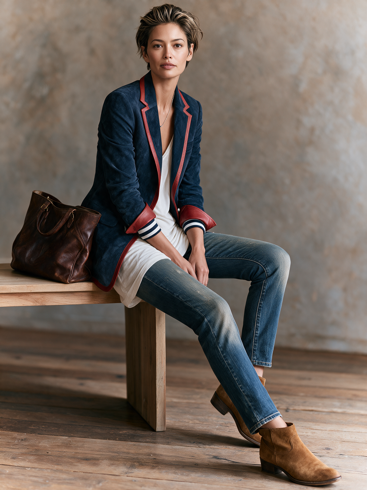 Ginevra | Vintage-Blazer aus Velourslederimitat mit Kontrastbesatz