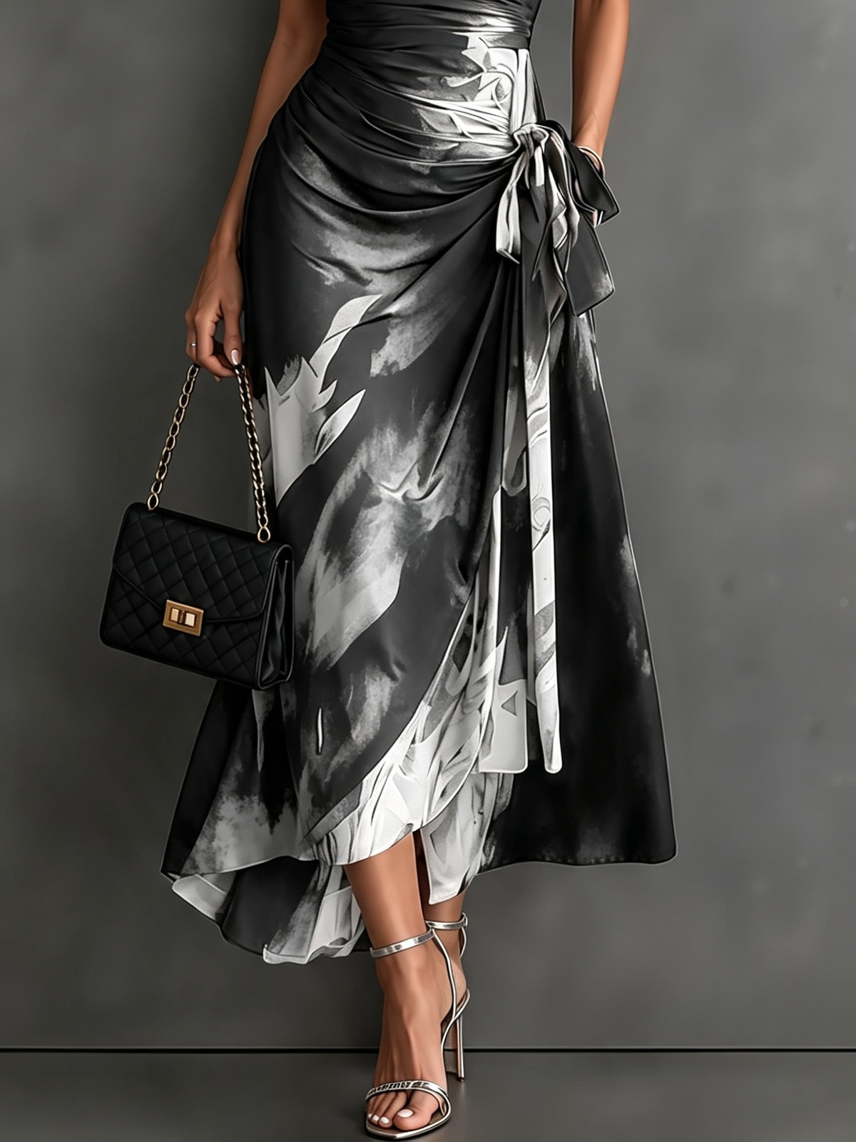 Midi-Wickelkleid mit abstraktem rot-schwarzem Print, V-Ausschnitt, kurzen Ärmeln, Bindegürtel und asymmetrischem Volantsaum