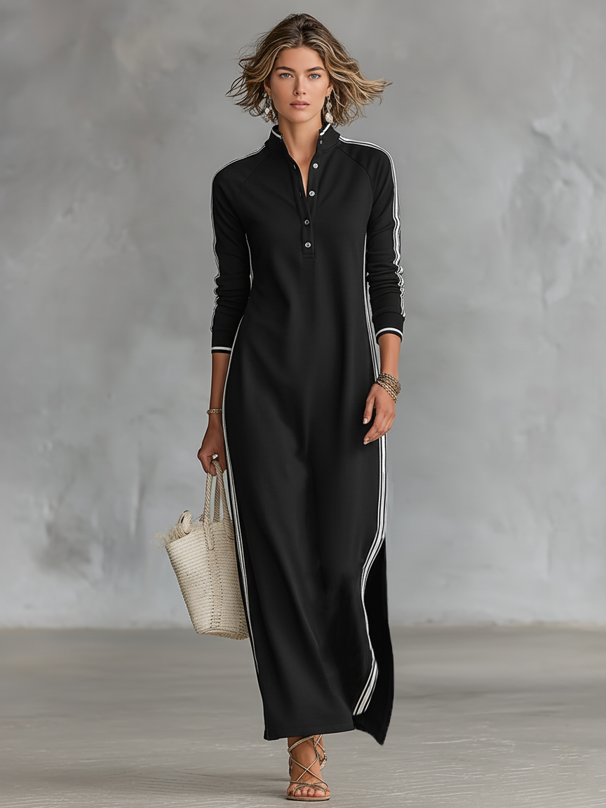 Sweatshirt-Kleid mit Knopfleiste und Kragen Maxikleid