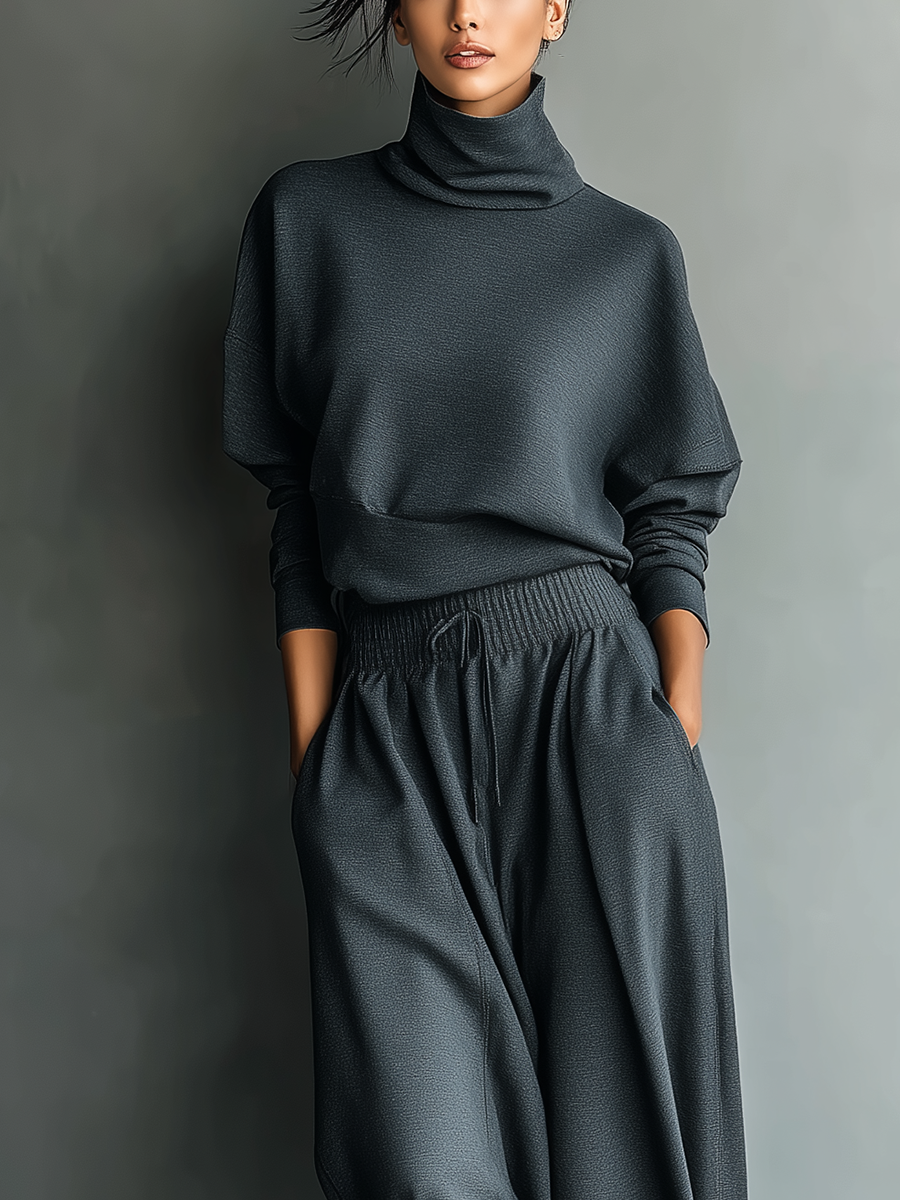 Anthrazitfarbenes Damen-Strickset mit hohem Kragen und weiter Hose
